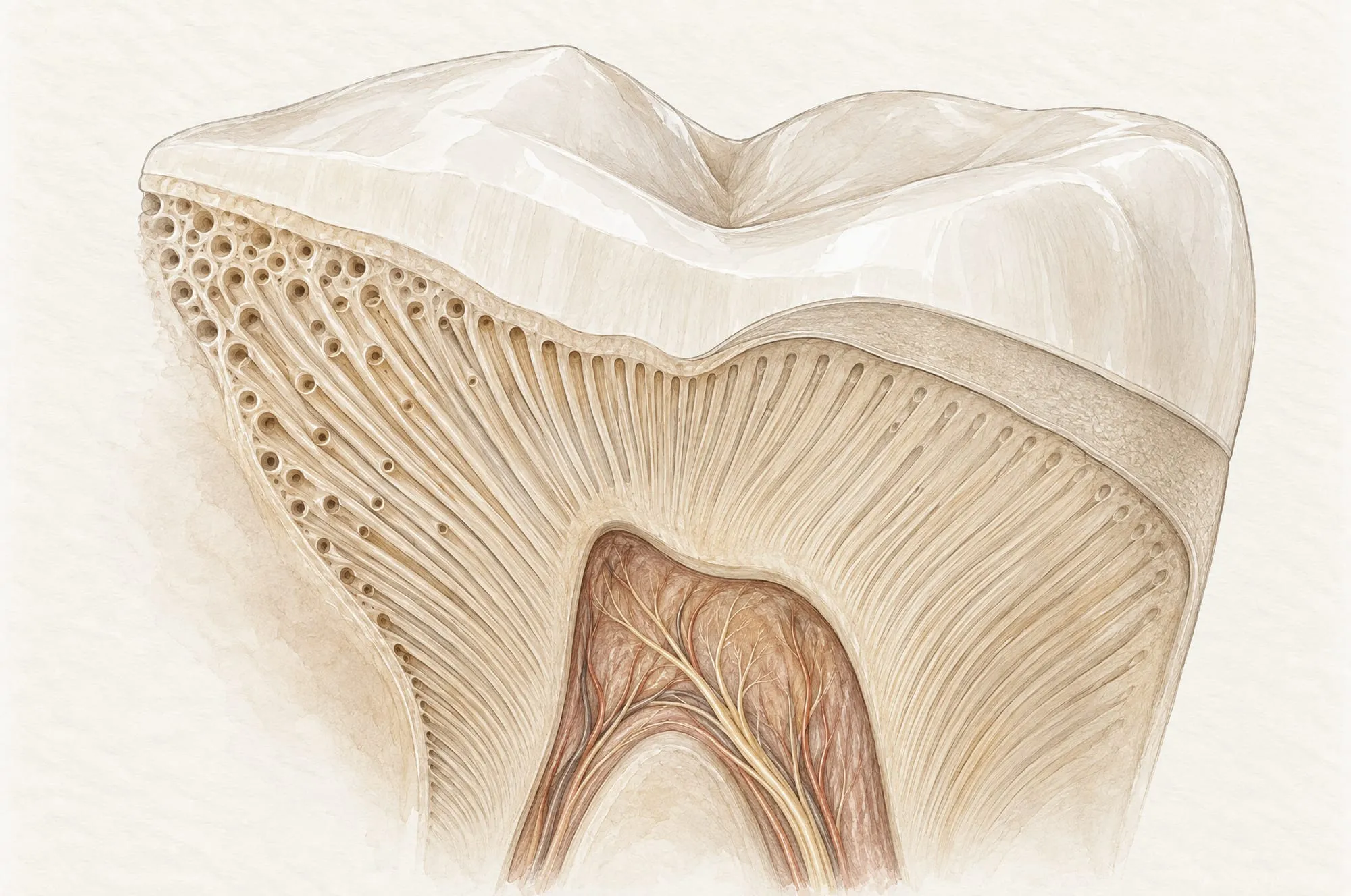 Forstørret illustration af en tand i snit: under den hårde emalje ligger dentinen med tusindvis af fine kanaler, der løber ind mod tandens nerve
