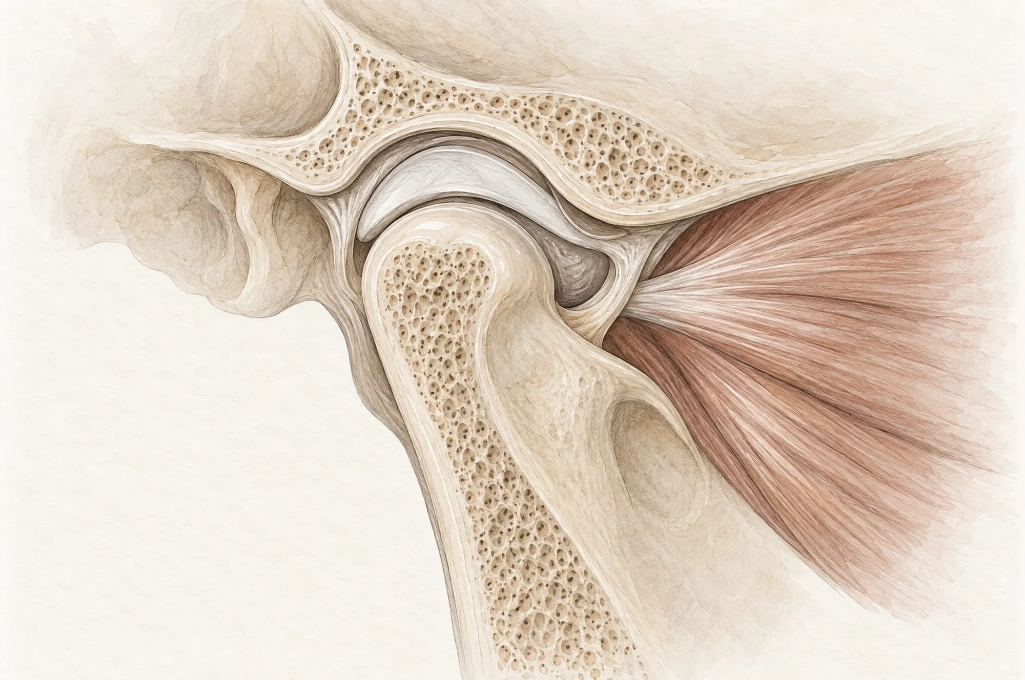 Ilustración anatómica de la articulación de la mandíbula vista de lado: la cabeza de la mandíbula en su cavidad, con el fino disco articular entre ambas y el músculo masticador al lado