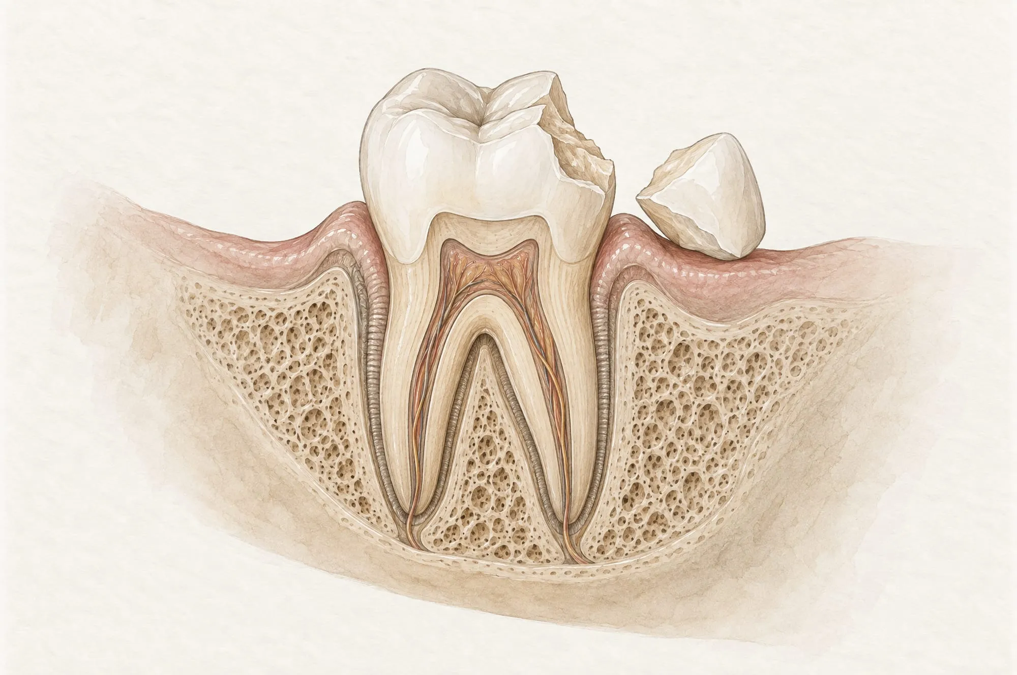 Illustration of a lower molar in cross-section where one cusp has broken off along a clean fracture line and lies beside the tooth, while the nerve is unharmed