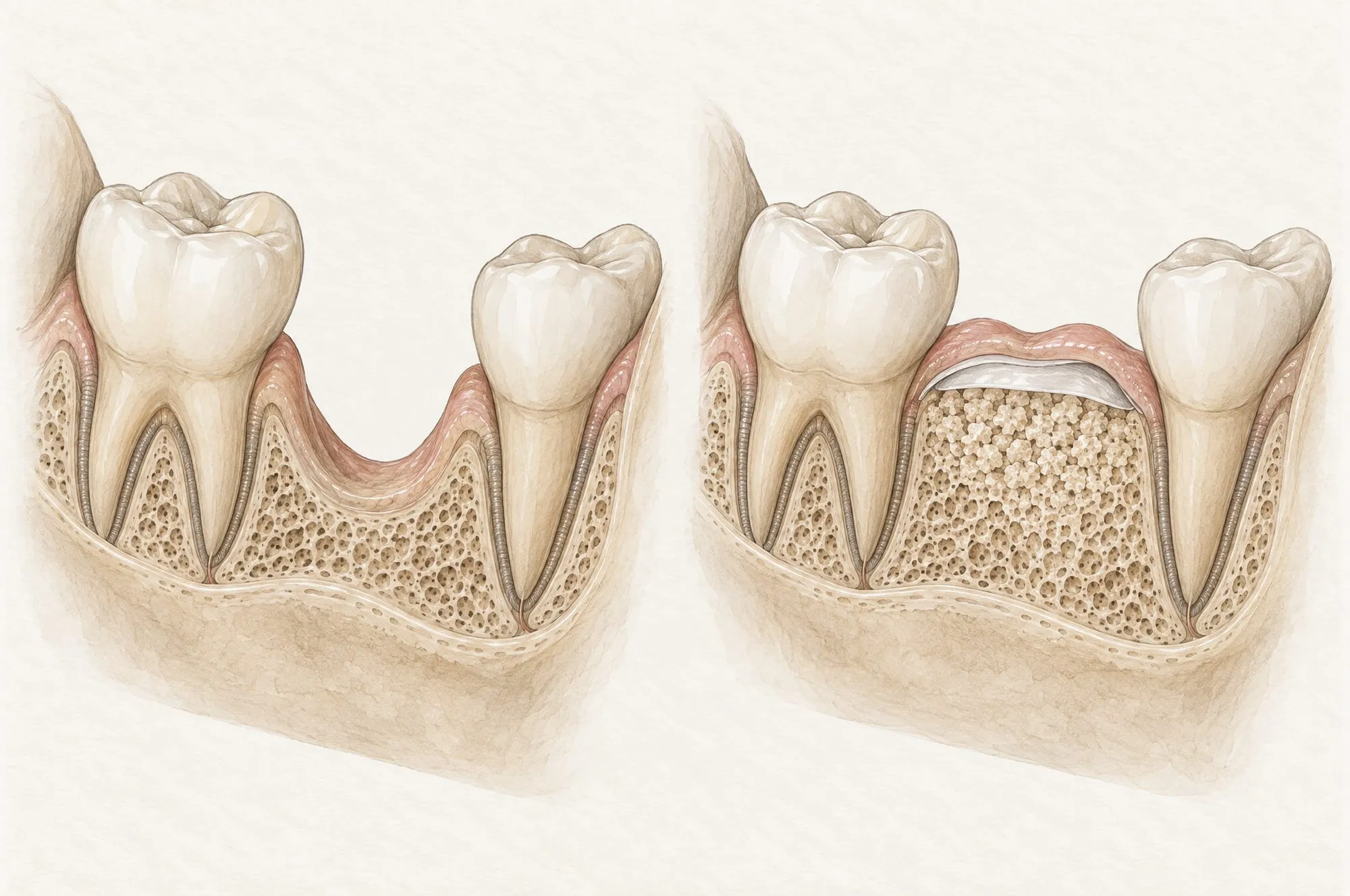 Illustration i to trin af underkæben i tværsnit: først et tandhul, hvor kæbeknoglen er svundet mellem to tænder, derefter samme sted fyldt op med knoglegranulat under en tynd membran