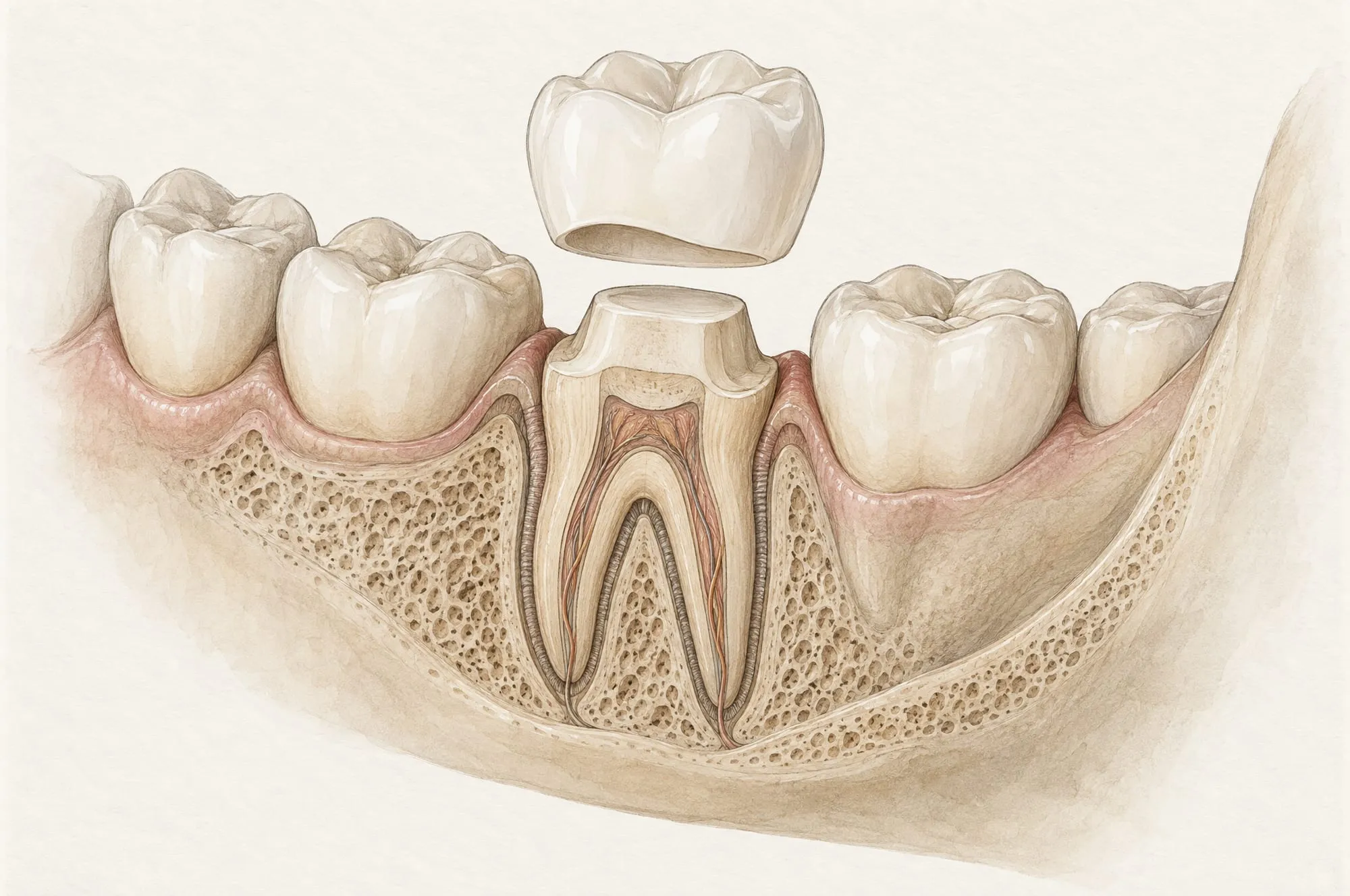 Ilustración de un molar tallado en la mandíbula con dos raíces y una corona de cerámica colocándose encima
