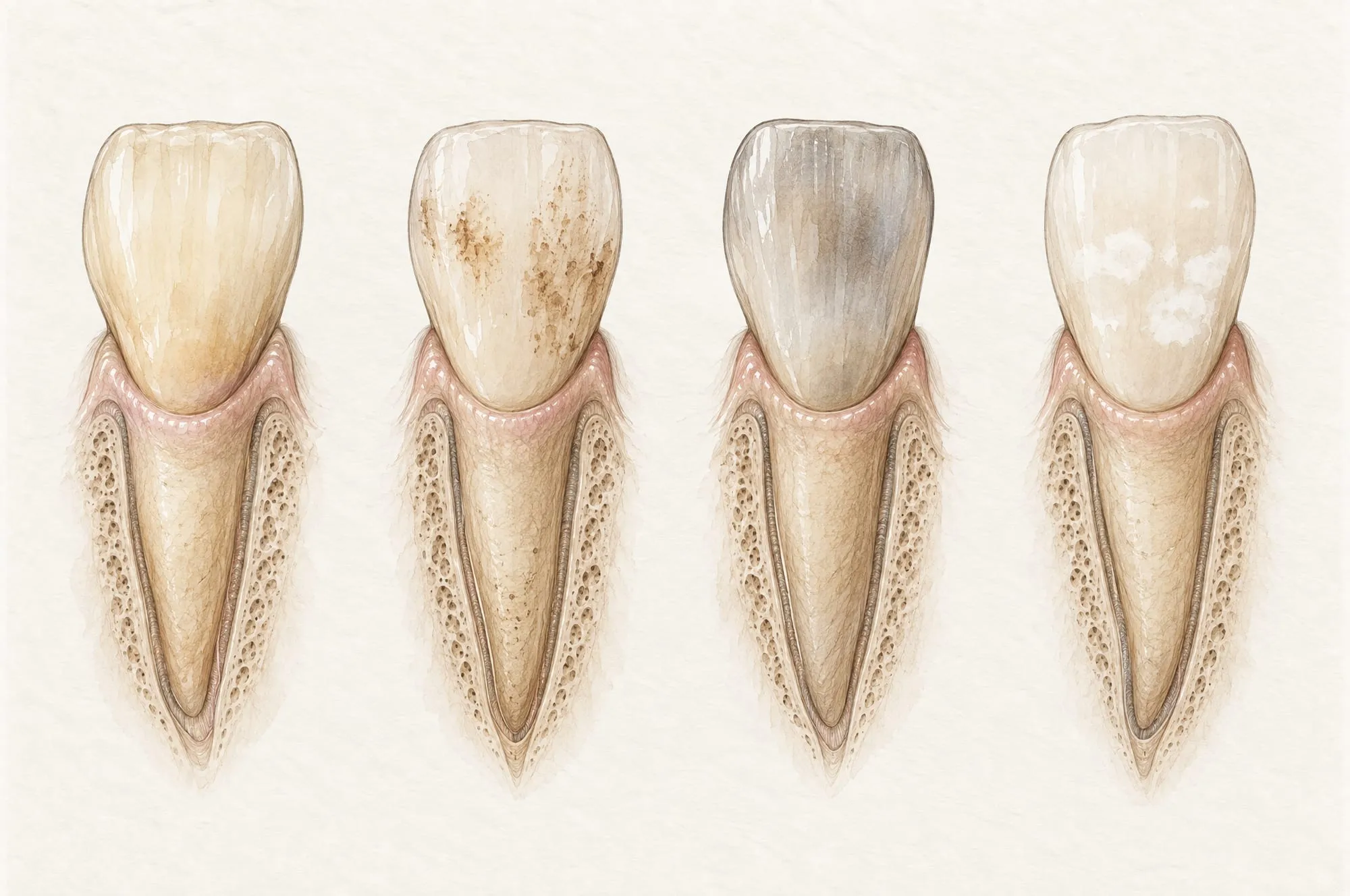 Illustration of four front teeth side by side: one slightly yellowed with age, one with brown surface stains, one darker grey after an old knock and one with small chalk-white spots