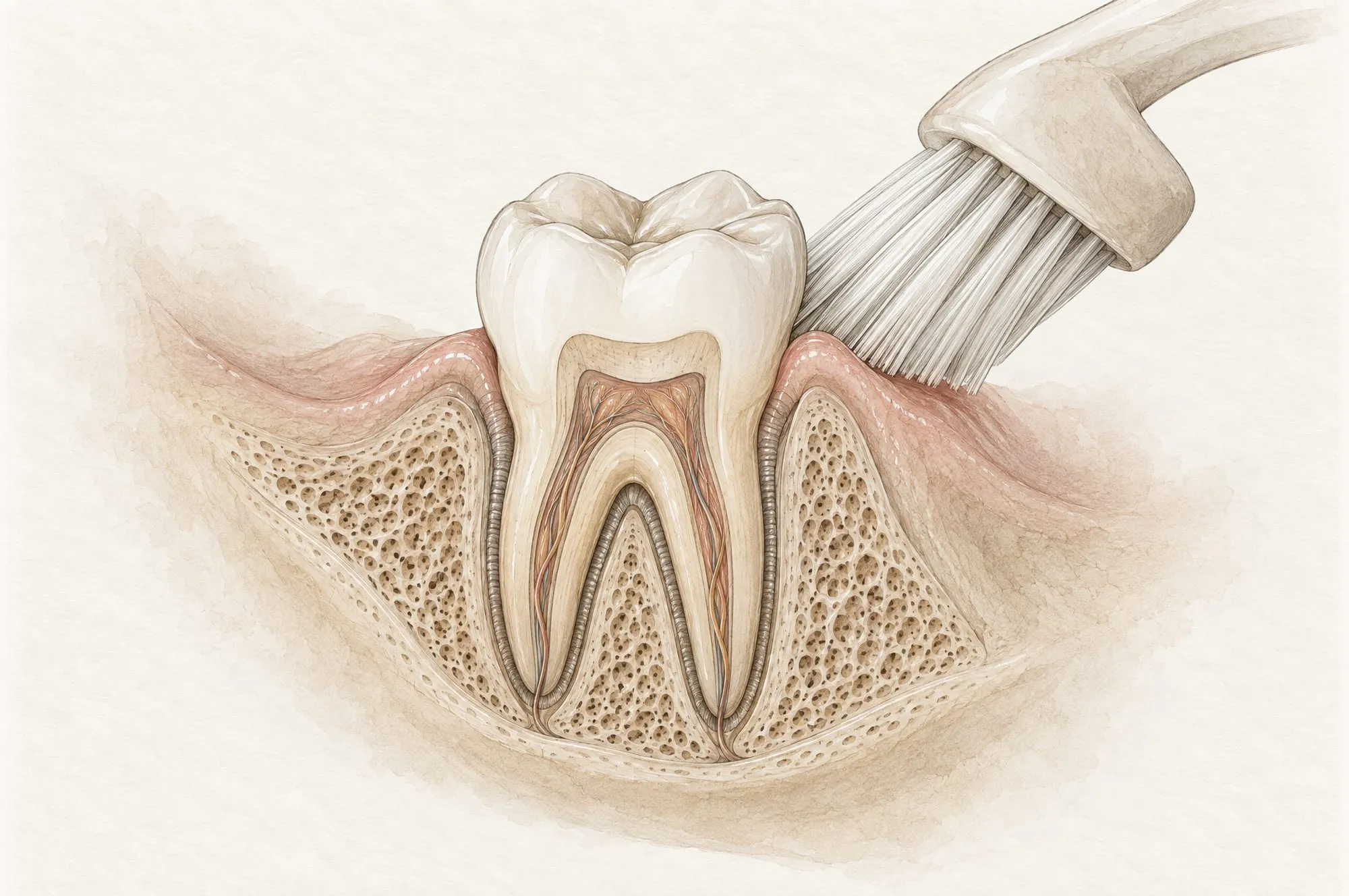 Illustration of a molar in cross-section with the soft bristles of a toothbrush angled gently against the gum line