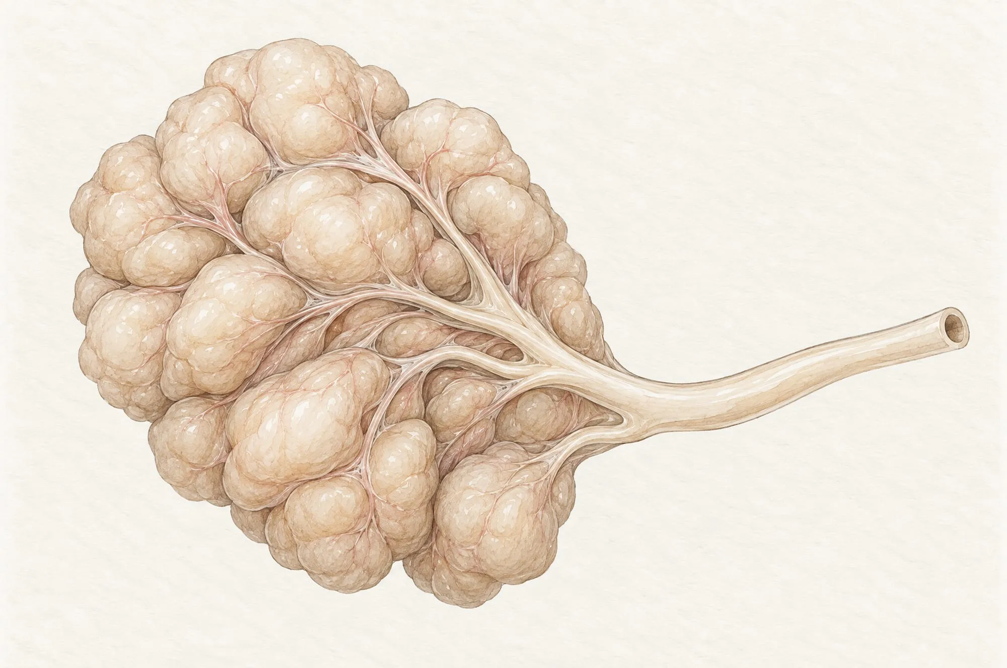 Anatomische Illustration einer Speicheldrüse: kleine weiche Läppchen wie eine Traube, deren feine Gänge sich zu einem Ausführungsgang vereinen