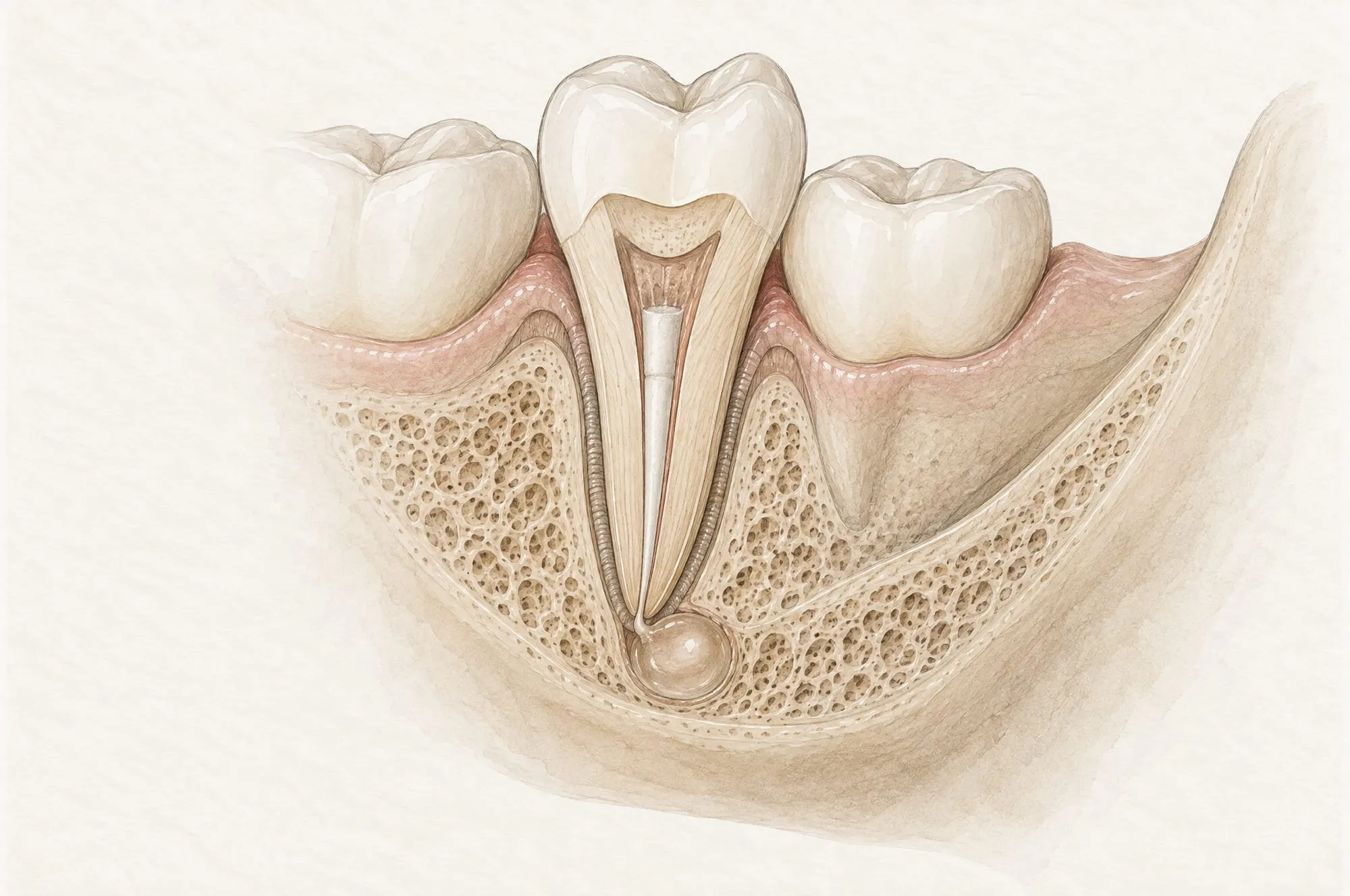 Illustration of a lower tooth in cross-section with a root filling, where a small round fluid-filled cyst sits in the bone at the root tip