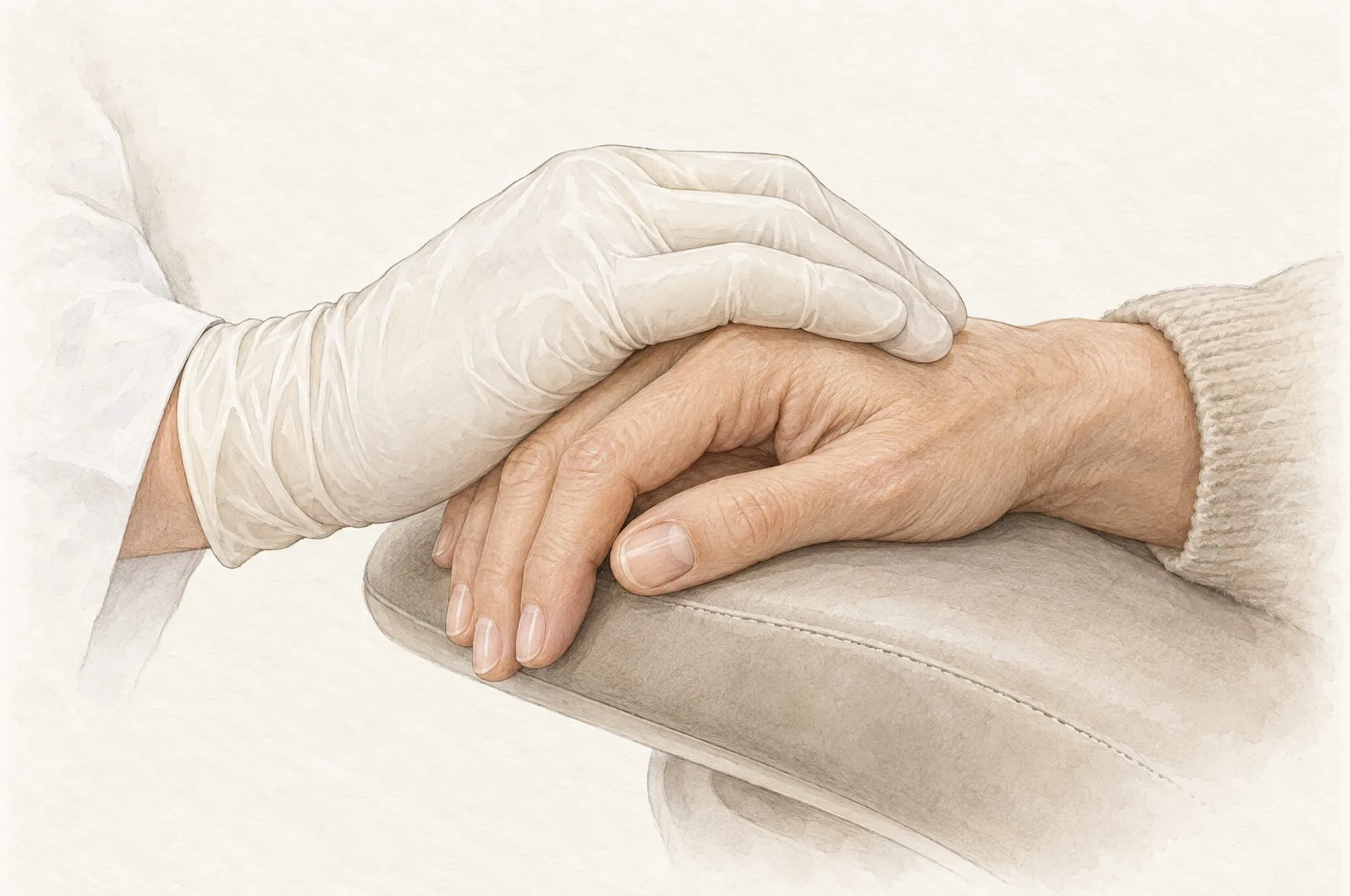 Illustration of a clinician's gloved hand resting reassuringly on a patient's hand on the armrest of the treatment chair
