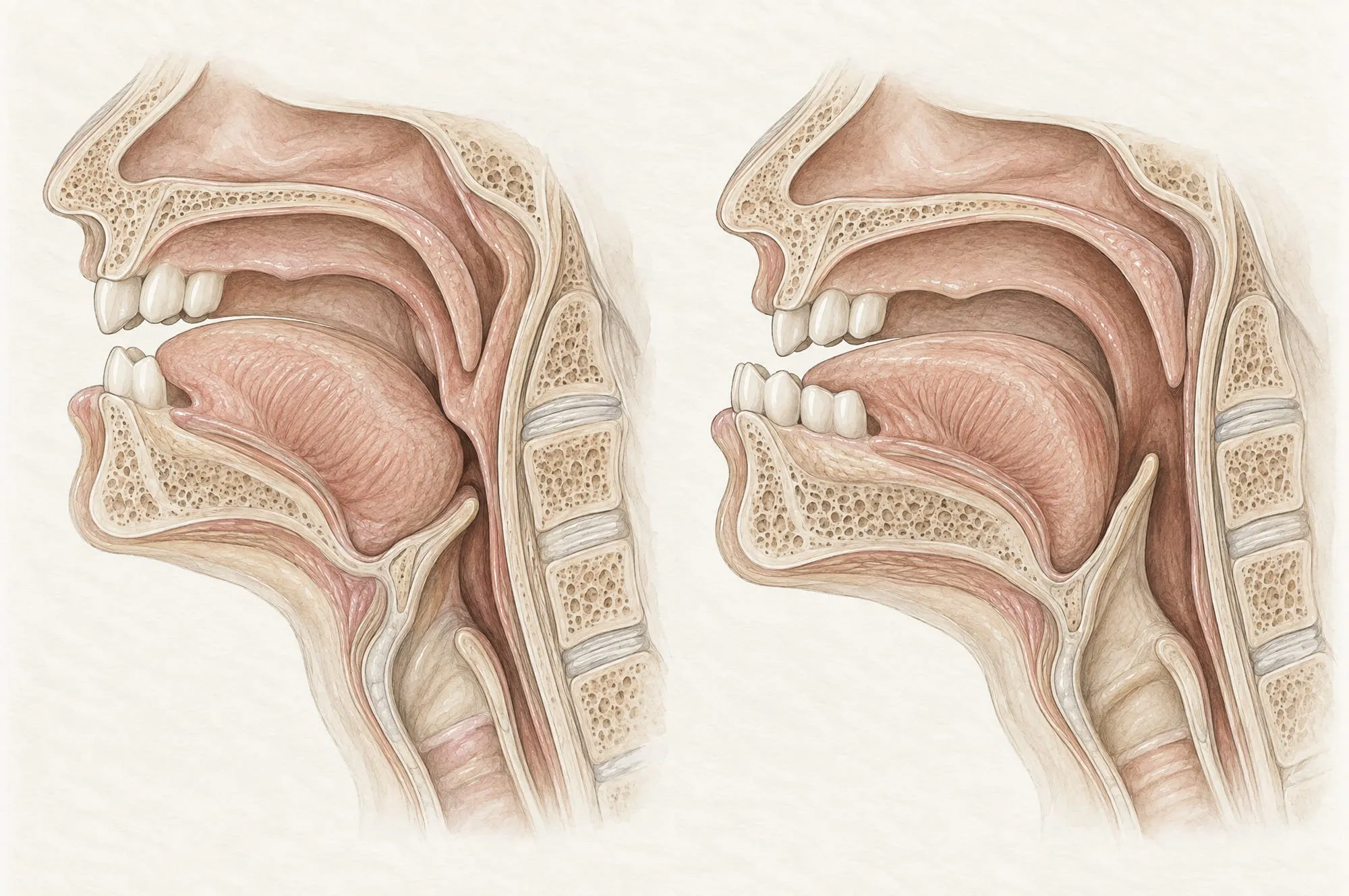 Illustration anatomique en deux étapes de la gorge vue de profil : à gauche la langue a basculé en arrière et les voies aériennes sont étroites, à droite la mâchoire inférieure est légèrement avancée et elles sont ouvertes
