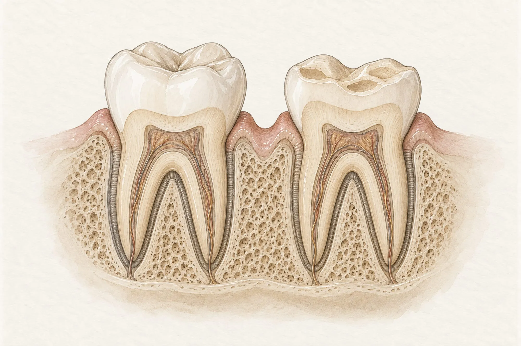 Illustration of two lower molars in cross-section: on the left with healthy full enamel, on the right with thin worn enamel and small hollows on the chewing surface