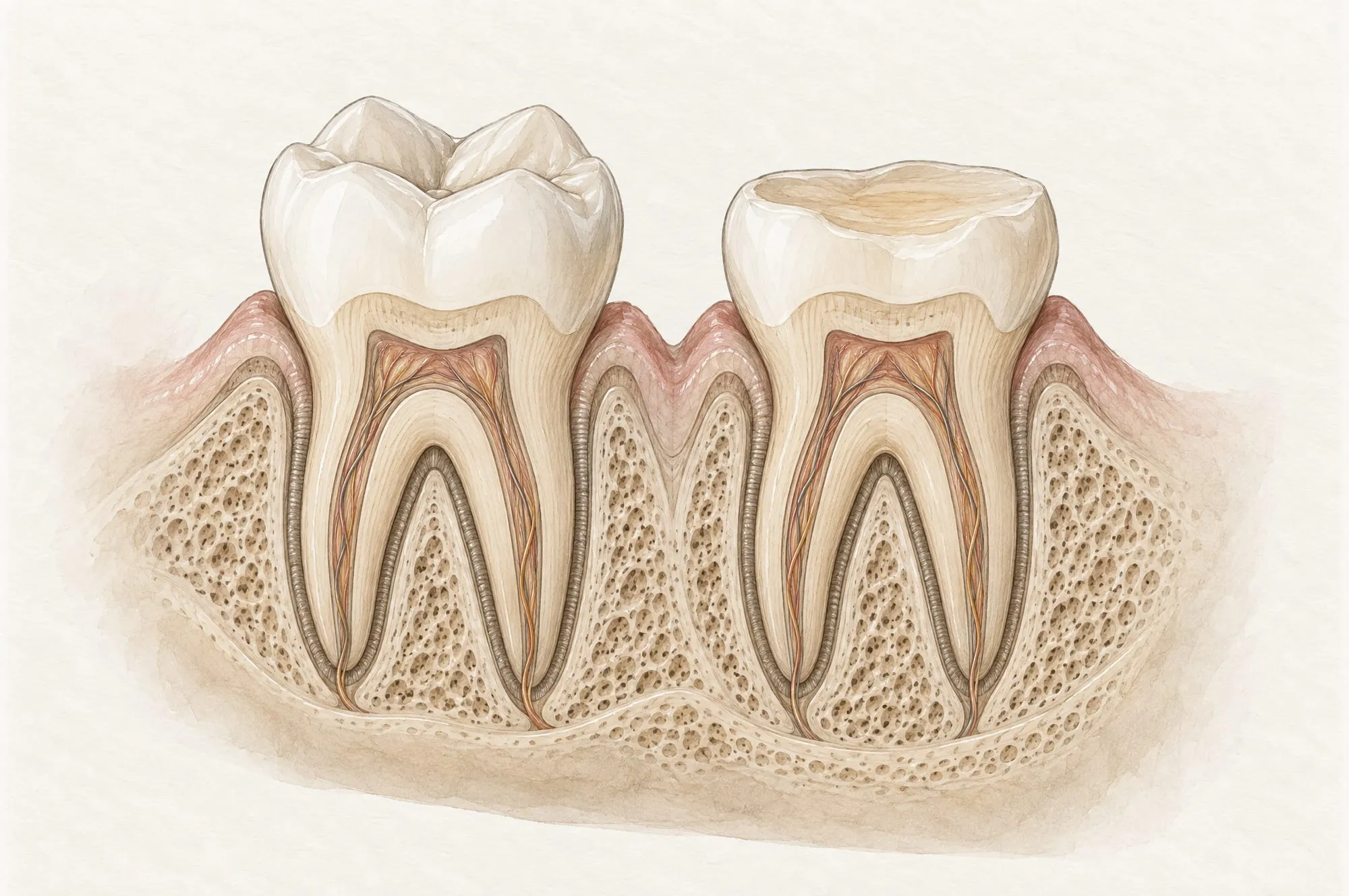 Illustration of two lower molars in cross-section: on the left with natural pointed cusps, on the right with cusps ground flat after years of grinding