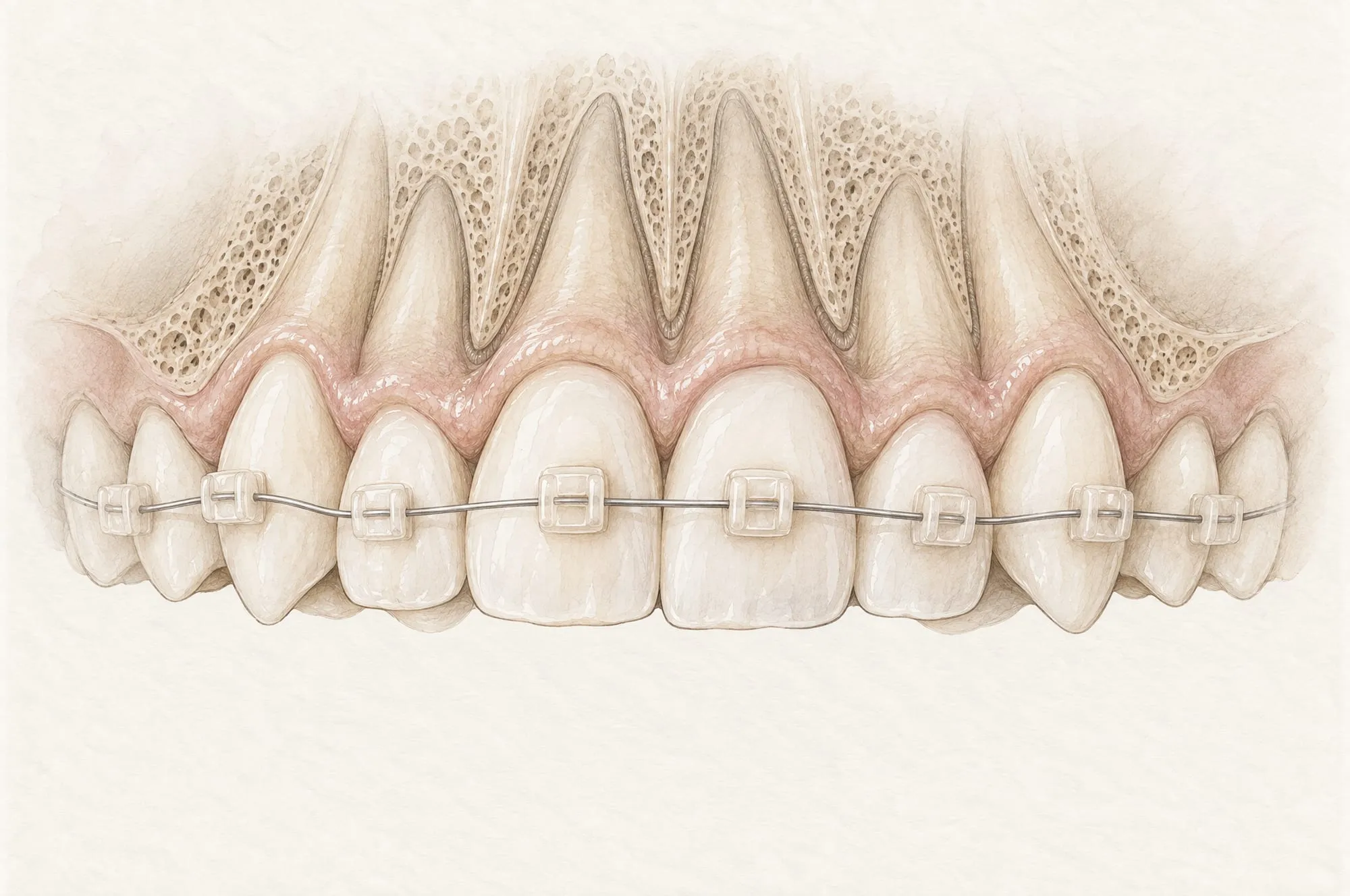 Illustration der oberen Zähne von vorn mit fester Zahnspange: zahnfarbene Brackets auf jedem Zahn, verbunden durch einen dünnen Draht