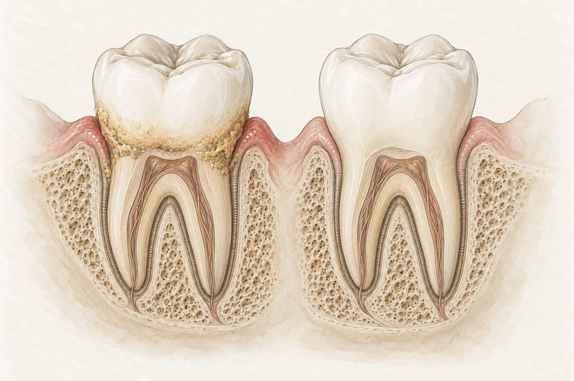 Illustration of two lower molars in cross-section: on the left with plaque and tartar along the gumline and slightly irritated gums, on the right the same tooth after a cleaning with smooth surfaces and calm gums