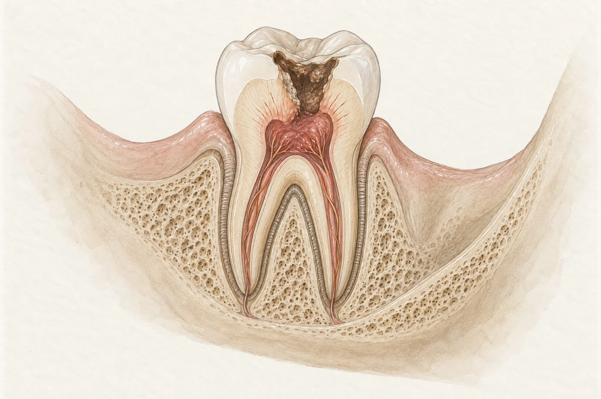 Illustration d’une molaire inférieure en coupe dont une carie profonde a atteint le nerf, rouge et enflammé