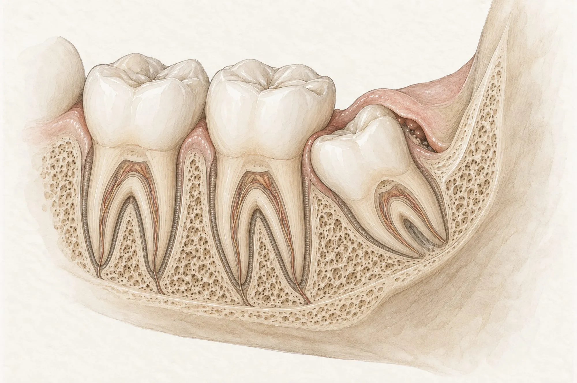 Ilustración de los dientes posteriores de la mandíbula en corte: detrás del último molar, una muela del juicio solo ha salido en parte y un pliegue de encía aún cubre parte de la corona